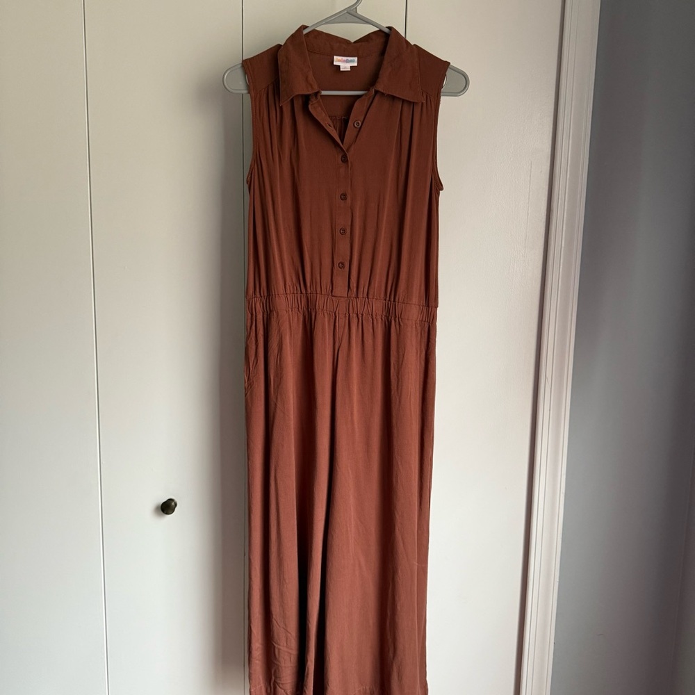 Lularoe Kathy Sleeveless Button-Front Jumpsuit in Brown